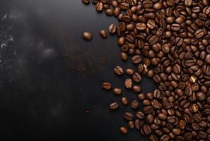 Fresh Coffee Beans On Dark Background with empty space for text. photo