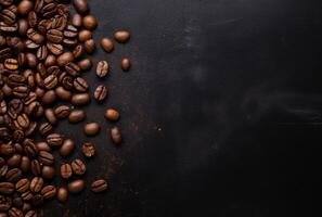 Fresh Coffee Beans On Dark Background with empty space for text. photo