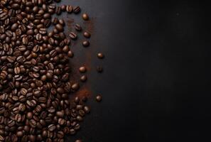 Fresh Coffee Beans On Dark Background with empty space for text. photo