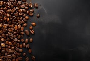 Fresh Coffee Beans On Dark Background with empty space for text. photo