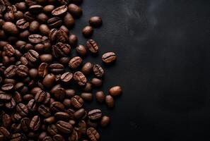 Fresh Coffee Beans On Dark Background with empty space for text. photo