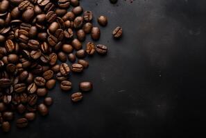 Fresh Coffee Beans On Dark Background with empty space for text. photo