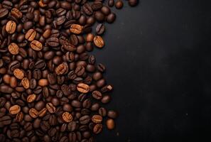 Fresh Coffee Beans On Dark Background with empty space for text. photo