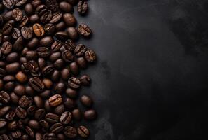 Fresh Coffee Beans On Dark Background with empty space for text. photo