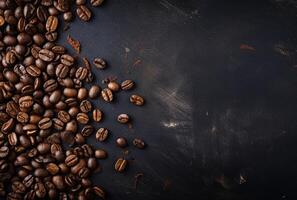 Fresh Coffee Beans On Dark Background with empty space for text. photo