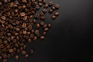 Fresh Coffee Beans On Dark Background with empty space for text. photo