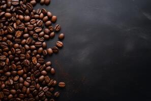 Fresh Coffee Beans On Dark Background with empty space for text. photo