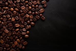 Fresh Coffee Beans On Dark Background with empty space for text. photo