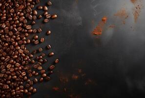 Fresh Coffee Beans On Dark Background with empty space for text. photo