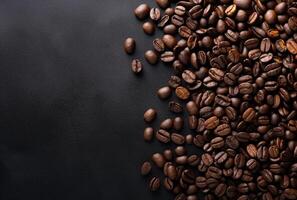 Fresh Coffee Beans On Dark Background with empty space for text. photo