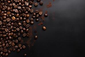 Fresh Coffee Beans On Dark Background with empty space for text. photo