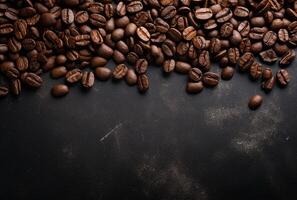 Fresh Coffee Beans On Dark Background with empty space for text. photo