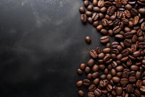 Fresh Coffee Beans On Dark Background with empty space for text. photo