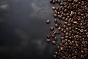 Fresh Coffee Beans On Dark Background with empty space for text. photo