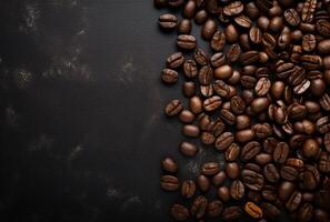 Fresh Coffee Beans On Dark Background with empty space for text. photo