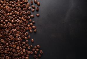 Fresh Coffee Beans On Dark Background with empty space for text. photo