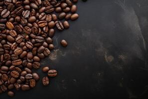 Fresh Coffee Beans On Dark Background with empty space for text. photo