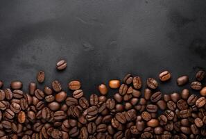 Fresh Coffee Beans On Dark Background with empty space for text. photo