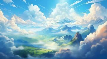 summer blue sky and  fantasy cloud on the top of a mountain  background.AI Generated photo