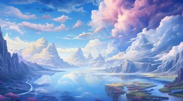 summer blue sky and fantasy cloud on the top of a mountain background. photo
