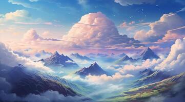 summer blue sky and  fantasy cloud on the top of a mountain  background.AI Generated photo