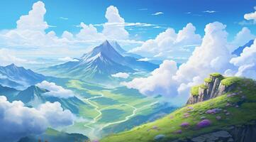 summer blue sky and fantasy cloud on the top of a mountain background. photo