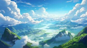 verano azul cielo y fantasía nube en el parte superior de un montaña fondo.ai generado foto