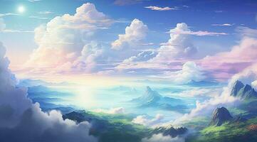 summer blue sky and  fantasy cloud on the top of a mountain  background.AI Generated photo