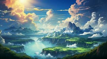 summer blue sky and  fantasy cloud on the top of a mountain  background.AI Generated photo