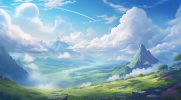 summer blue sky and fantasy cloud on the top of a mountain background. photo