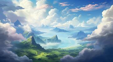 summer blue sky and  fantasy cloud on the top of a mountain  background.AI Generated photo