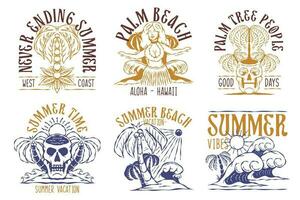conjunto de Clásico verano mano dibujado camiseta diseño, místico retro verano playa Insignia logo vector ilustración para impresión y Arte