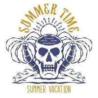 Summertime Hand Drawn T-shirt Design Badge Logo Vector Illustration, Skull Skeleton for Print and Art