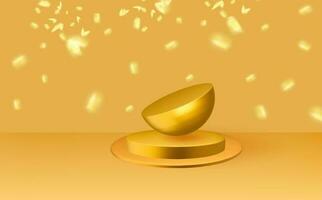 Empty 3d round golden podium with  prism overlay.Light yellow minimal wall scene.Abstract geometric platforms. vector