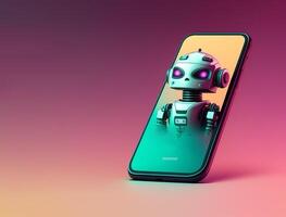 Futuristic robot in screen of smartphone. Concept of chatbot with artificial intelligence. photo