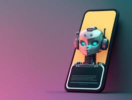 Futuristic robot in screen of smartphone. Concept of chatbot with artificial intelligence. photo