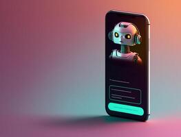 Futuristic robot in screen of smartphone. Concept of chatbot with artificial intelligence. photo