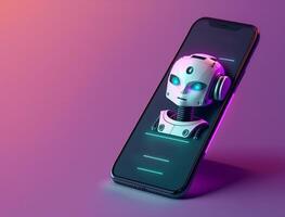 Futuristic robot in screen of smartphone. Concept of chatbot with artificial intelligence. photo