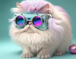 Fairy Kei style persian cat in fashionable design, wearing vr headset. photo