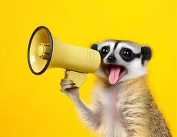 Meerkat announcing using hand speaker. Notifying, warning, announcement. photo