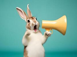 Rabbit announcing using hand speaker. Notifying, warning, announcement. photo