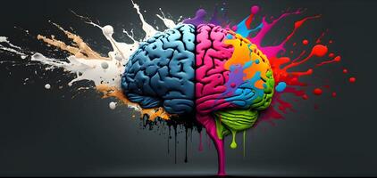 Human brain, colorful paint splashes and drops. photo