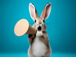 Rabbit announcing using hand speaker. Notifying, warning, announcement. photo