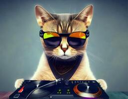 Pet cat with dj mixer. Playing electro dance music. . photo