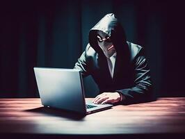 Hacker with hoodie. Concept of dark web, cybercrime, cyberattack. image photo