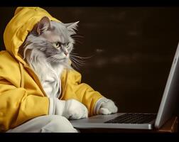 Cat with hoodie. Concept of hardworking pet. image photo