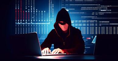 Hacker with hoodie. Concept of dark web, cybercrime, cyberattack. image photo