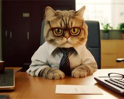 Pet cat working in office. Concept of officer, chairman, chief or boss. image photo