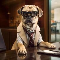 Depressed pug dog working in office. Concept of officer, chairman, chief or boss. image photo