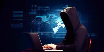 anónimo hacker con ordenador portátil. concepto de oscuro web, hackear la seguridad cibernética. ai generado imagen foto